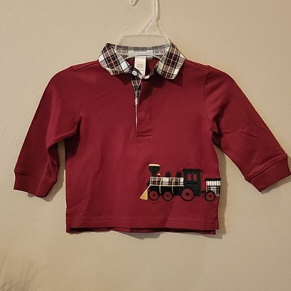 𝅺JANIE AND JACK RED LONG-SLEEVE POLO WITH TRAIN DESIGN AND TARTAN PLAID TRIM - Picture 1 of 9